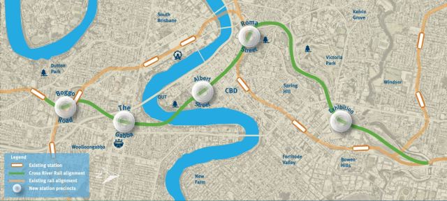 Proposed route for Brisbane Cross River Rail project (source: Queensland Government Cross River Rail website)